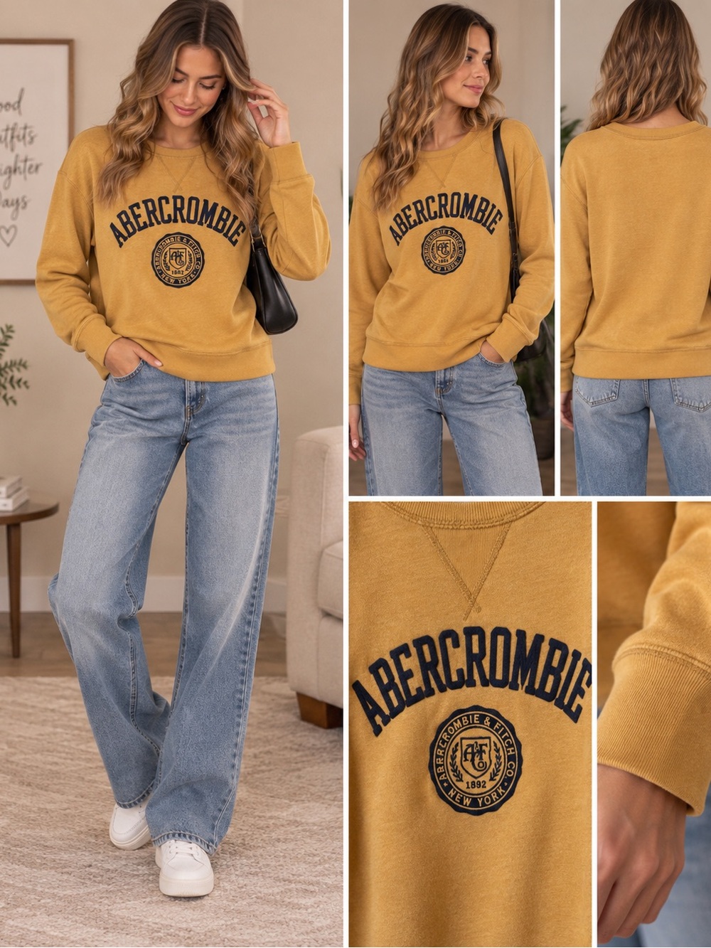 Abercrombie & Fitch Mustard Yellow Crewneck Sweatshirt with Logo Small Y2K